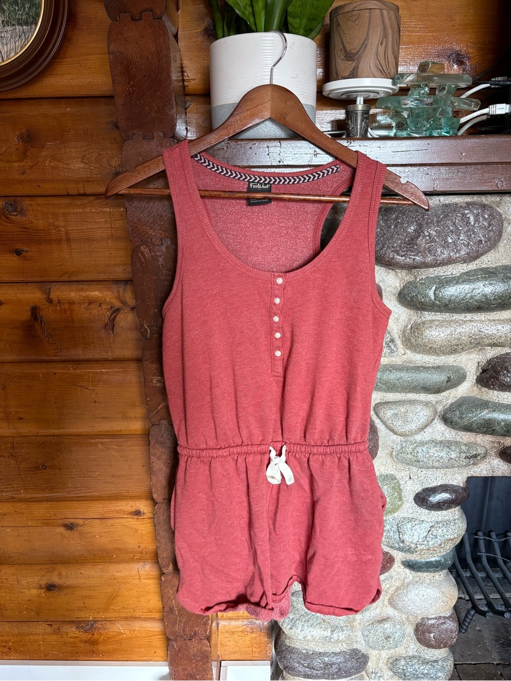 FarWest 1977 Rust Red Sleeveless Henley Drawstring Romper S